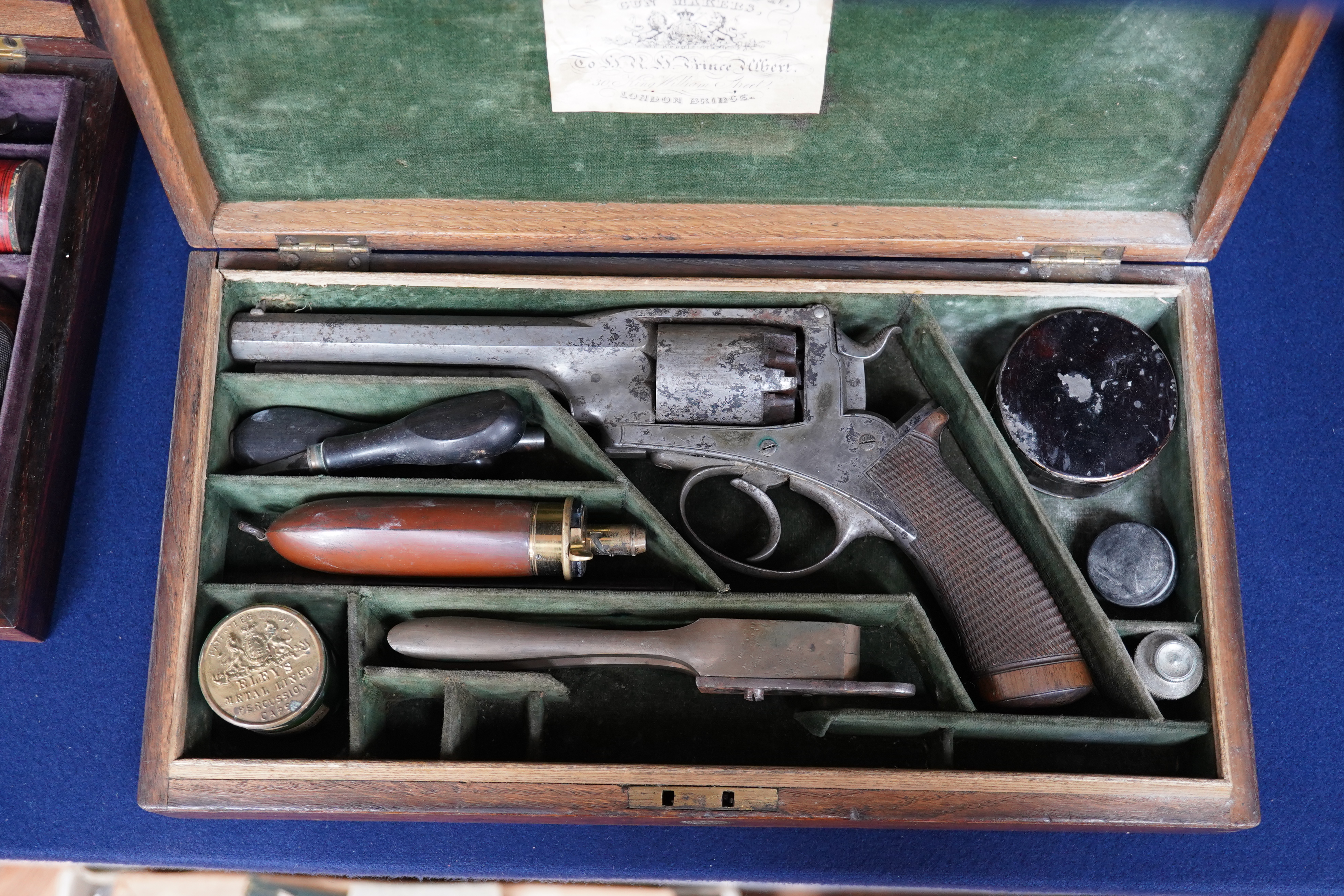 A five shot 48 bore Deane Harding patent double action percussion revolver number 6530L, top flat engraved Deane and son London Bridge, frame engraved Deane Harding patent number 6530L, under lever rammer, swivel safety